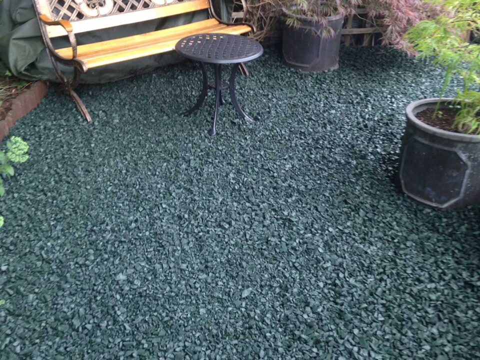 Eco Chip rubber chippings in garden